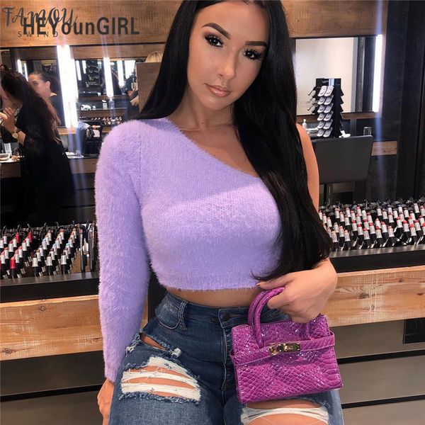 

furry off the shoulder for women t shirt long sleeve crop streetwear tee shirt women autumn 2020, White
