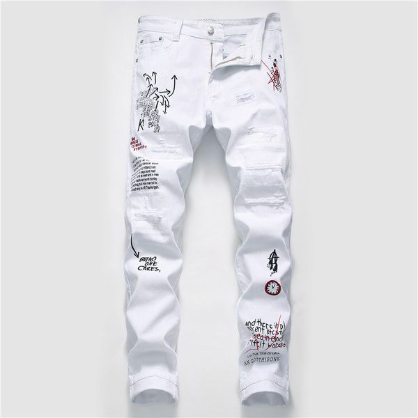 

mens designer hole graffiti printing slim trousers jeans, Blue
