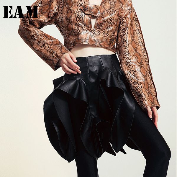 

eam] high waist pu leather asymmetrical hollow out pleated stereoscopic half-body skirt women fashion new spring autumn 2020, Black