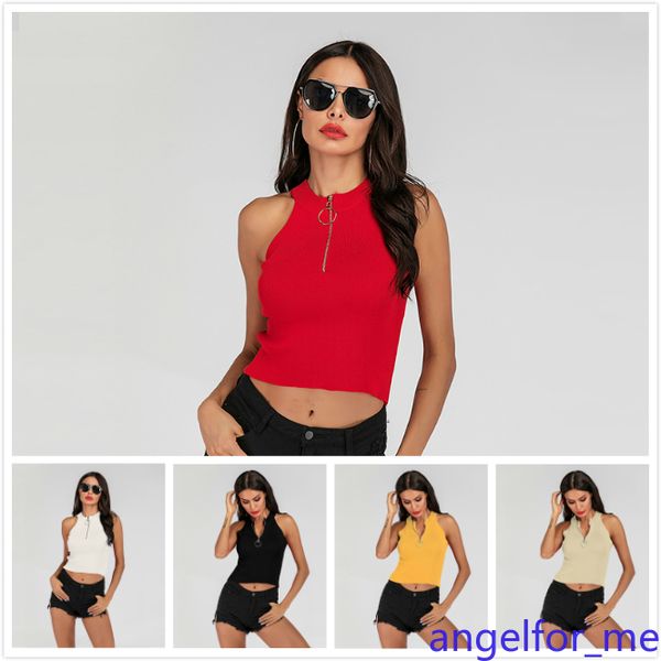

summer new zipper v collar short crop slim women knit vest, White