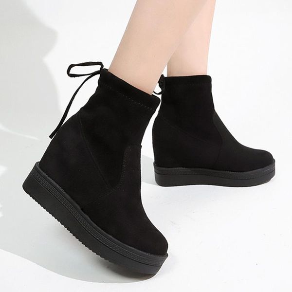 

boots women's fashion casual platform short with wedges increased shoes ladies solid color warm wedge, Black