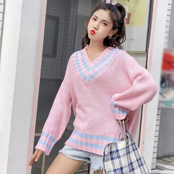 

female striped loose sweater womens casual long sleeve v-neck pullovers autumn winter warm knitted sweaters, White;black