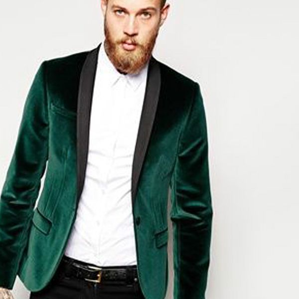 Зеленый бархатный мужской костюм для деловой вечеринки, одежда для жениха, черный пиджак с шалью и лацканами, свадебные смокинги из двух предметов (пиджак + брюки)