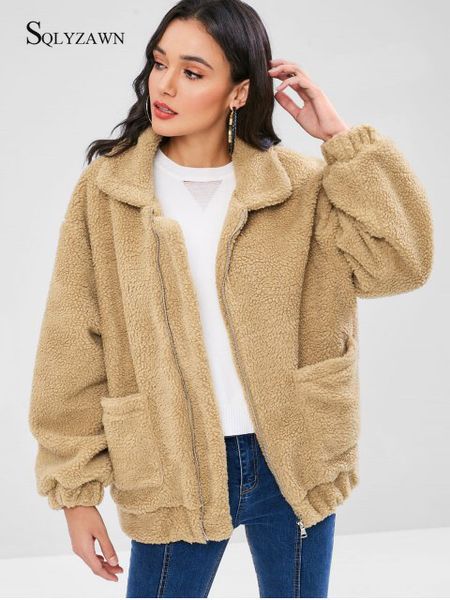 

turn-down collar zipper plush thick teddy coats women winter lamb outwear fluffy faux fur coats and jackets ladies teddy jackets, Black