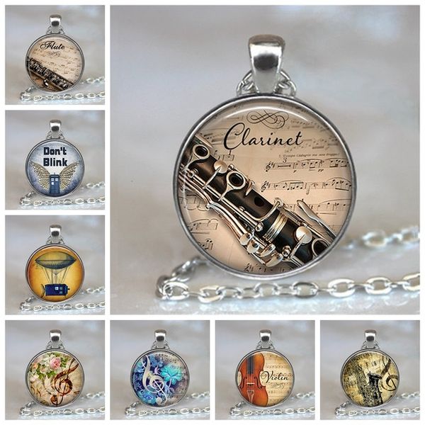 

retro music & roses necklace treble musical note pendant glass dome musician music student lover's gift fashion jewelry chain, Silver