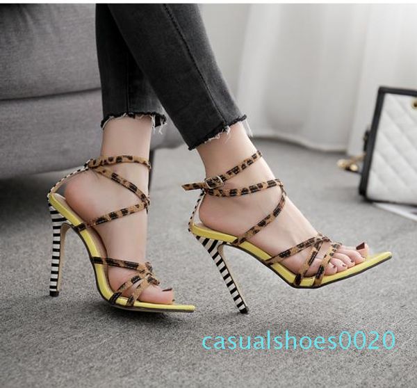 

2019 pink yellow striped leopard printed cross strappy high heels sandals designer women slides size 35 to 40 c20, Black