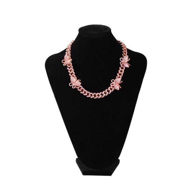 

uwin 12mm cuban pink butterfly necklace rose gold chain cz luxury necklace bling bling hip hop jewelry for men women gift, Silver
