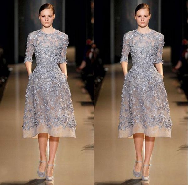 

Formal Elie Saab Prom Dresses Evening Wear Applique Lace A-Line 3/4 Long Sleeve Evening Gowns Tea Length Sexy Party Dress Exquisite