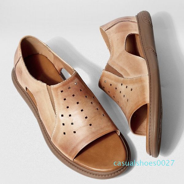 

summer mens hollow out shoes breathable loafers brand genuine leather gladiator sandals male leisure slip on beach sandals black c27