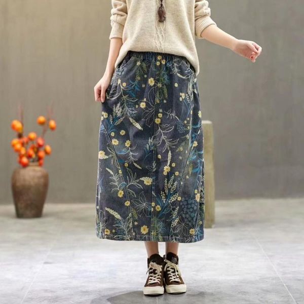 

elastic waist literary retro printed pocket washed white denim skirt casual women, Black