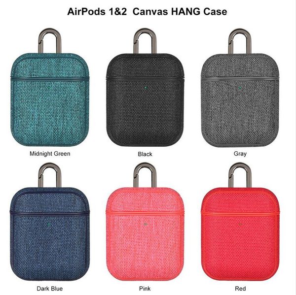 

canvas cloth texture earphone case for apple airpods 1 2 wireless headset charging box shockproof fabric skin bag with hook capa