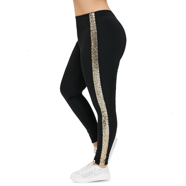 

fitness leggings size plus high waist pant women side stripe sequin pants black skinny elastic casual lady trousers