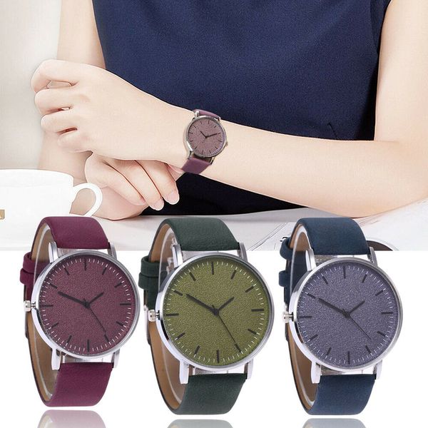 

simple women leather quartz wristwatch large dial silver shell casual bracelet fashion jewelry accessories, Slivery;brown
