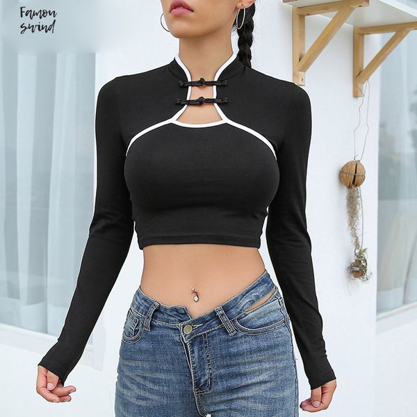 

урожай contrast tee shirt осень с длинным рукавом повседневная топы camiseta mujer китайский стиль crop top футболка, White