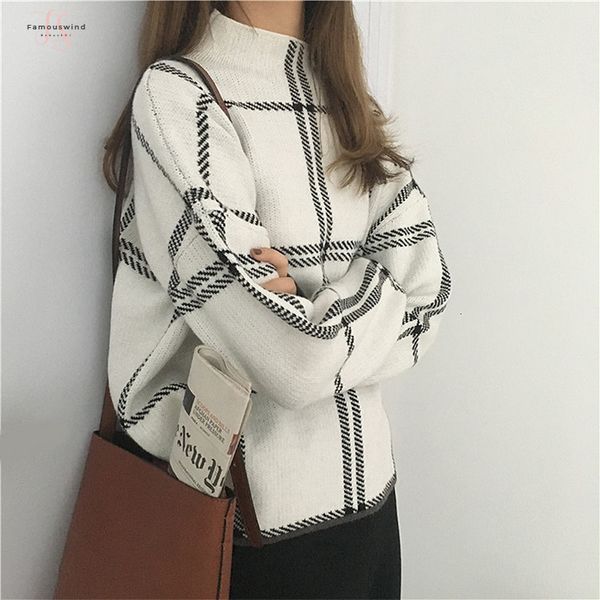 

2019 winter new autumn plaid regular pullovers sweaters women elegant knitted turtleneck long sleeve sweater female knitwear mujer, White;black