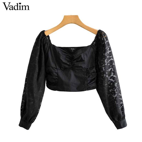 

vadim lip patchwork crop slash neck off shoulder long transparent sleeve short blouse female stylish blusas lb780, White