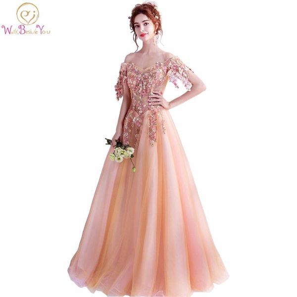 

walk beside you orange prom dresses lace applique pearl crystal evening gown long floor length lace up off shoulder short sleeve, White;black
