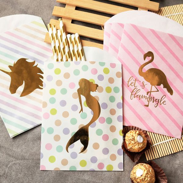 

50pcs pink flamingo paper gift bag mermaid party gold dots candy bag birthday favor unicorn thank you kraft paper
