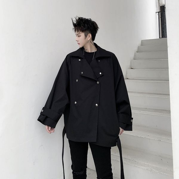 

men's jackets male japan korea style adjustable hem coat outerwear men double breasted casual loose jacket overcoat, Black;brown