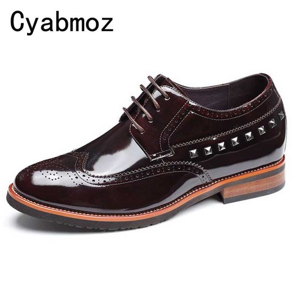 

men's 100% genuine leather dress shoe oxfords height increasing 7cm elevator brogues shoes men rivets luxury wedding party shoes, Black