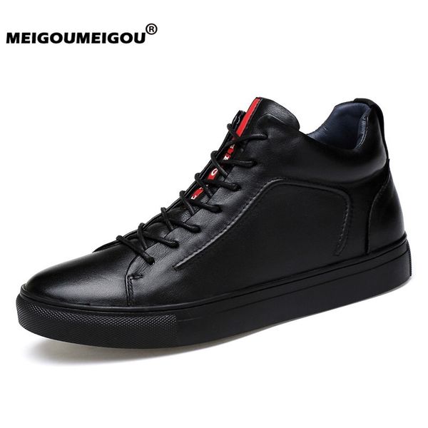 

genuine leather men shoes high sneakers casual leather boots men fashion male shoes comfortable winter moccasins loafers, Black