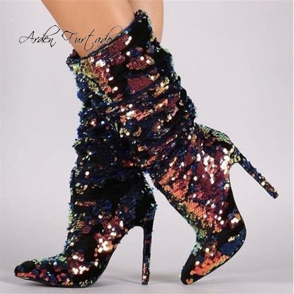 

boots arden furtado 2021 fashion women's shoes sequins pointed toe stilettos heels elegant ladies glitter half 44 45, Black