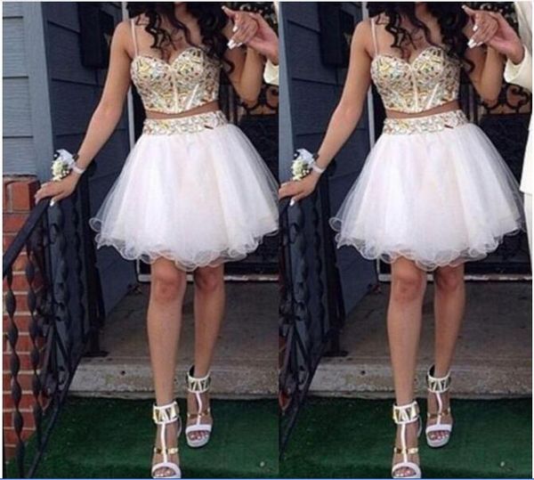 

homecoming dresses spaghetti strap crystals two pieces dresses party evening gowns tiered tulle zipper back causal prom dresses, Red