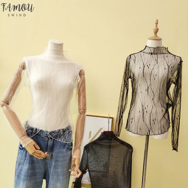 

see through polyester mesh women fishnet transparent shirt ladies turtleneck t shirt women tshirt black women femme, White