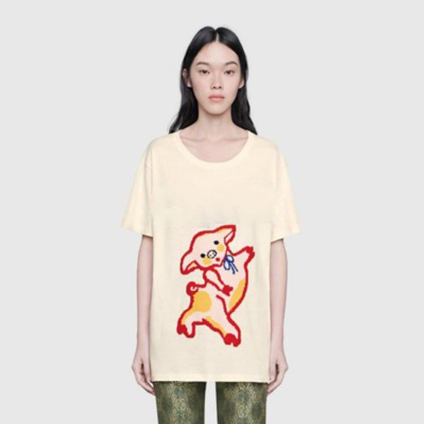 

19ss made in italy pig embroidery logo beige tee street fashion casual short sleeve shirt men women, White;black