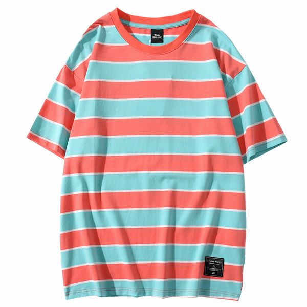 

januarysnow harajuku t shirt retro stripe men 2020 streetwear hip hop tshirt short sleeve cotton t-shirt fashion tees yellow red green, White;black