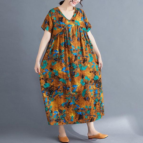 

new women summer dress lady national style dress oversize loose comfortable linen v-neck large swing short-sleeved female, Black;gray