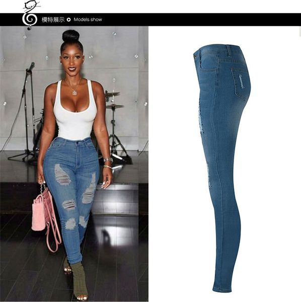 

selling 2018 europe and america women's dress with holes women's jeans skinny pants, Blue