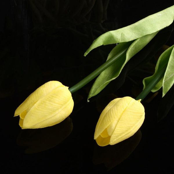 

10pcs yellow latex real touch tulip flower with leaves for wedding bouquet decorate
