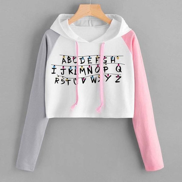

crop hoodies women sweatshirt harajuku letter printed casual long sleeve patchwork hooded tracksuit loose streetwear moletom, Black