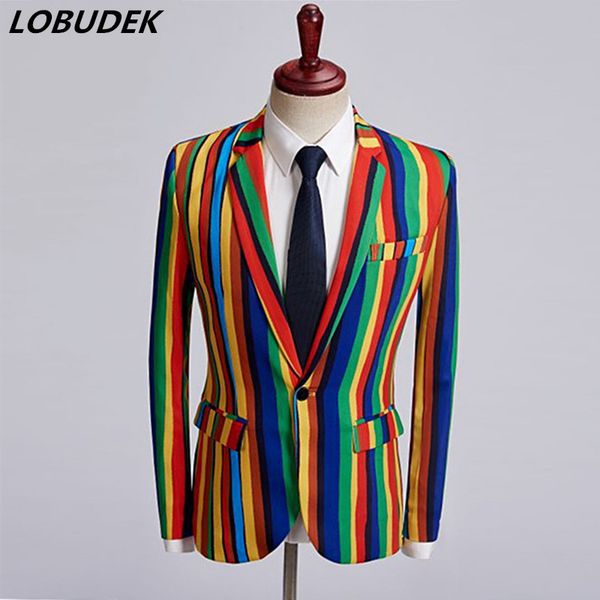 

fashion colorful stripe blazers men's formal coat singer host evening party costume male star stage performance stage clothing, White;black