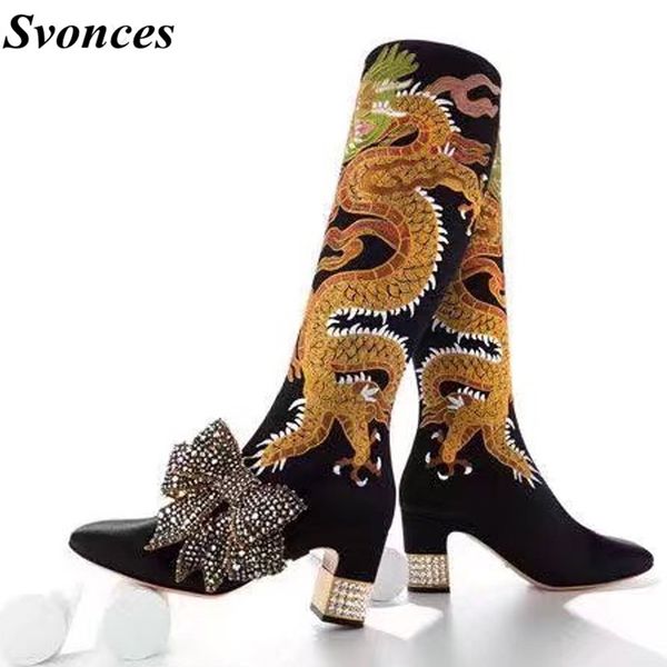 

dragon embroidery satin knee boots crystal bowties over the knee boots women rhinestone square heels female multi floral, Black