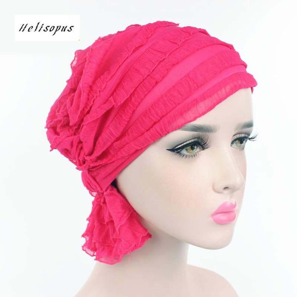 

helisopus women hats muslim turban cap hats ruffle chiffon tripe hat chemo hat beanies fashion headwear for women, Blue;gray