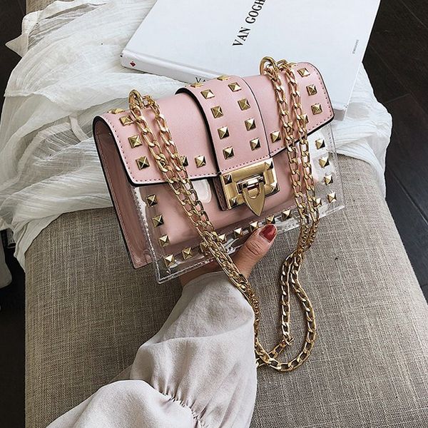 

small clear brand designer woman 2019 new fashion messenger bag chains shoulder bag female rivets transparent square pu handbag