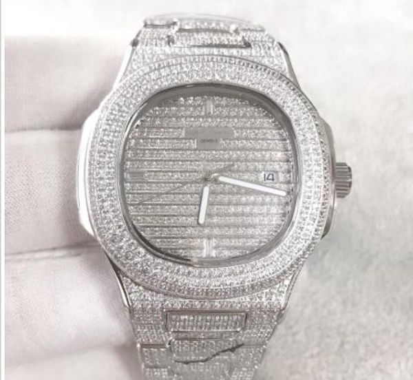 

quality nautilus diamond wach for men japan automatic silver 40mm face stainless set diamond manual iced out mens watch life waterproof, Slivery;brown