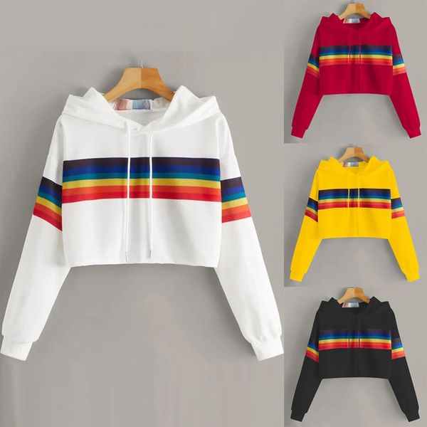 

patchwork fashion pullover sweatshirt coat women rainbow striped print drawstring hoodie sweatshirt casual blouse, Black