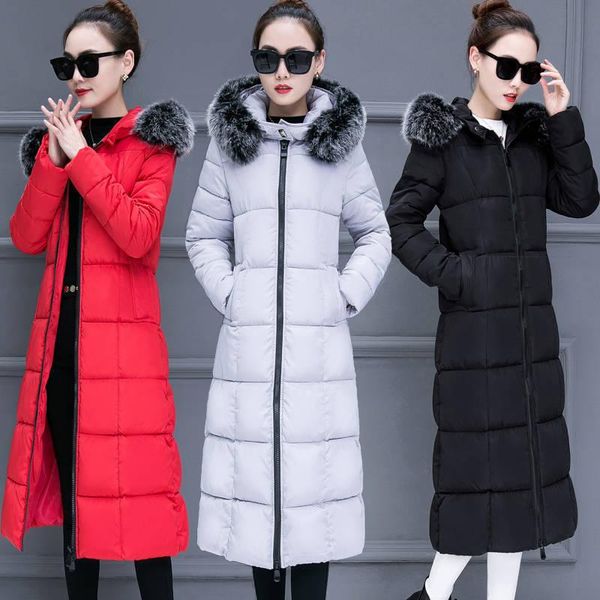 

winter slim large size thick warm down jacket long section over the knees ladies cotton coat fur collar hooded jacket, Black
