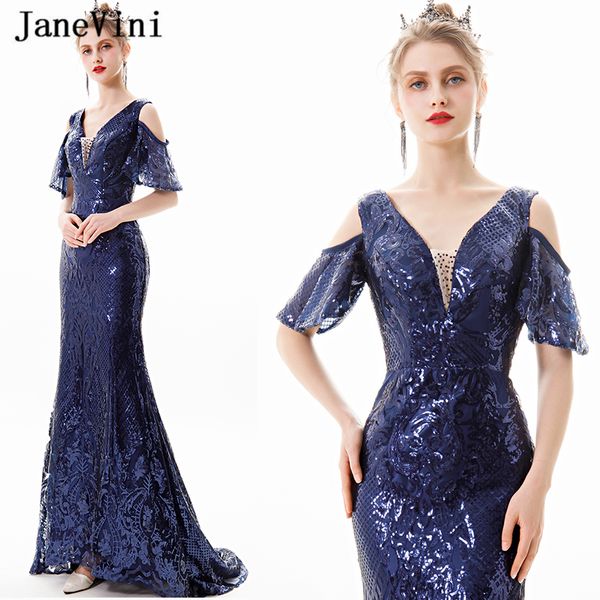 

janevini fashion navy blue prom dresses long 2019 mermaid v neck sparkle sequined backless formal party gowns robe de gala, White;black