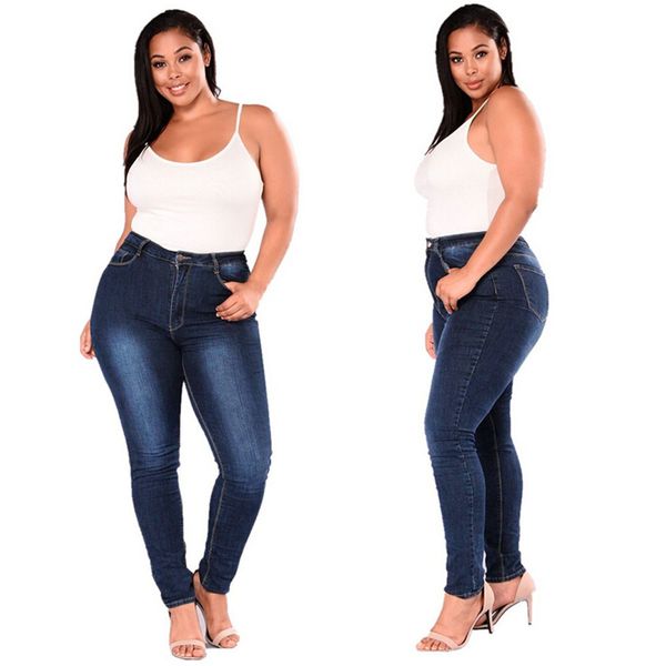 

women plus size stretch slim denim skinny jeans pants high waist pencil trousers w0319, Blue