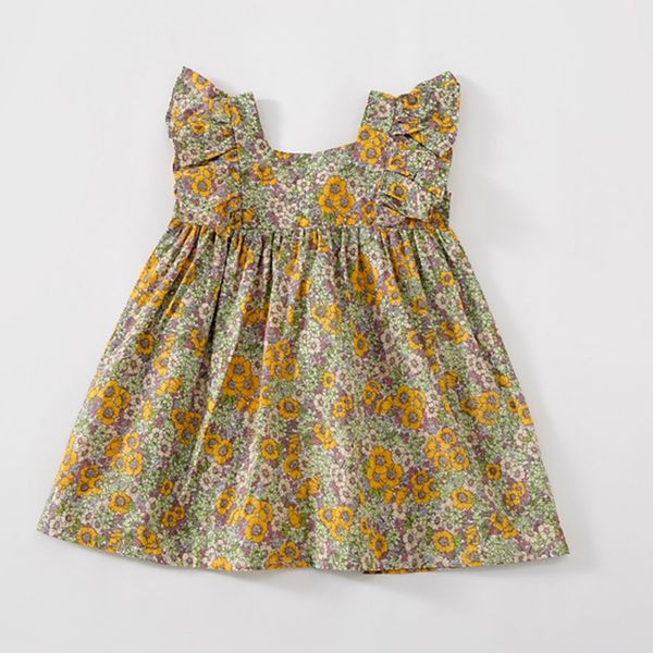 

toddler baby girls dress kids party princess trumpet sleeve floral printed cotton dress cute clothes 2020, Red;yellow