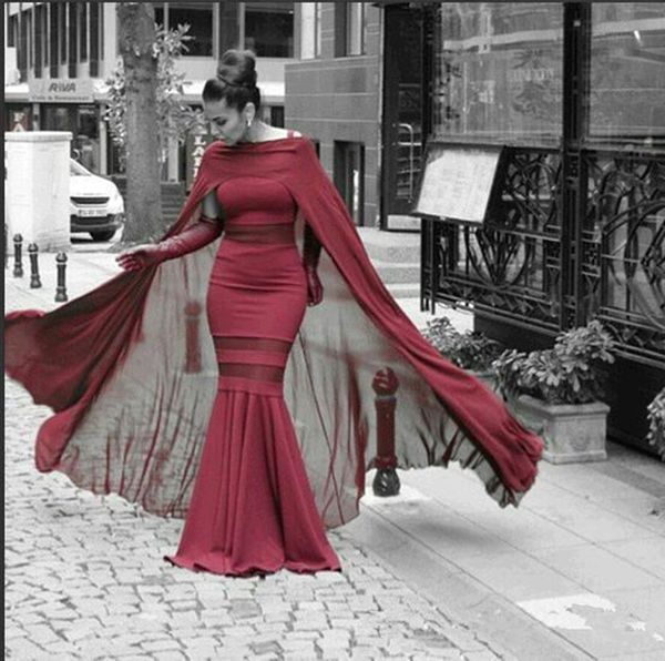 

new burgundy evening dresses with cape chiffon sheer waist floor length formal elegant mermaid arabic evening gowns vestidos de fiesta, Black;red