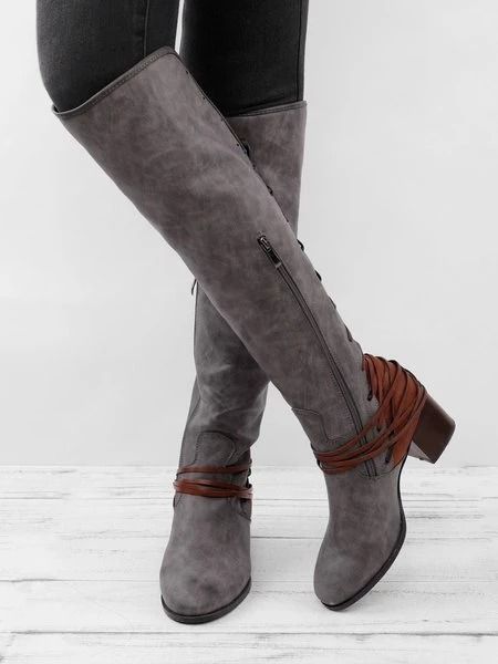 

puimentiua winter lace up boots women warm knee high boots high heels women cross-tied casual vintage botas mujer, Black