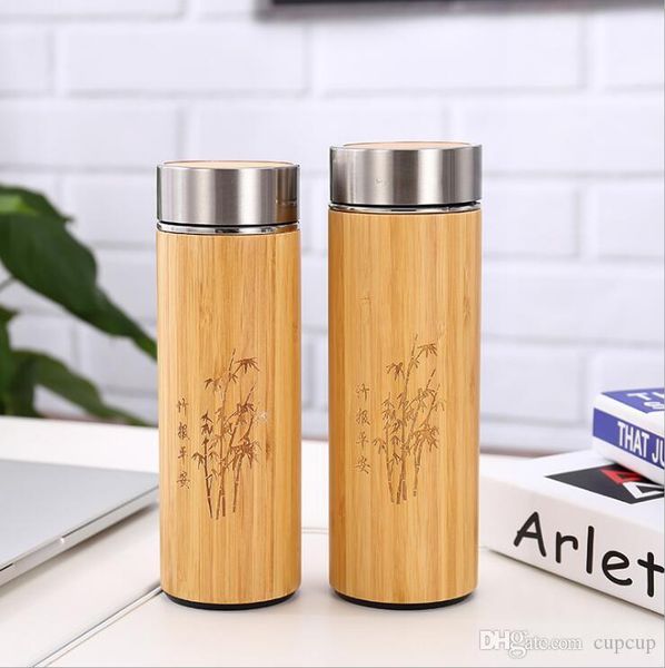 

bamboo stainless steel water bottle vacuum insulated coffee travel vacuum cup with tea infuser strainer 450ml wooden bottle drinkware