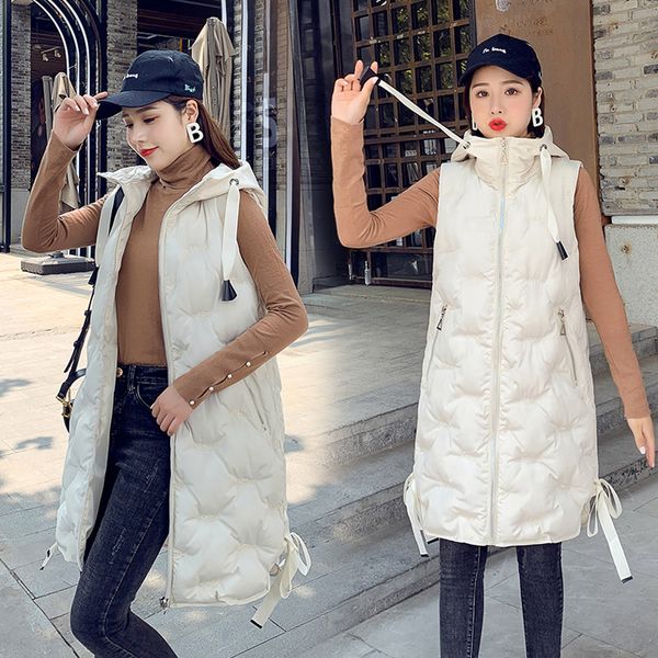 

wholesale hooded letters embroidered cotton vest women's long section loose warm cotton sleeveless vest jacket size s-xxl, Black;white