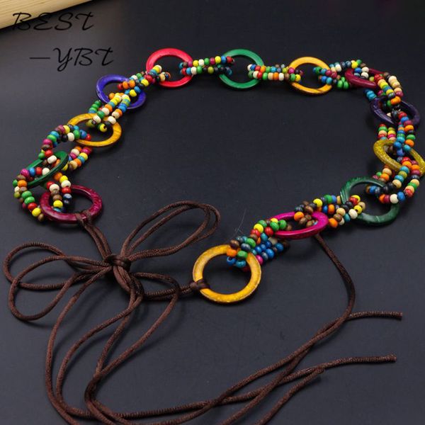 

girls fashion accessories bohemian style wooden bead hand-woven wax rope belt waist chain tassel wind retro style boutique belts, Black;brown