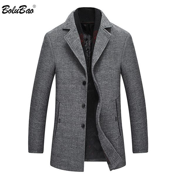 

bolubao men winter wool coat new men's scarf lapel solid color thick blends woolen pea coat male trench fashion overcoat, Black